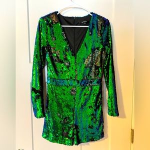 Green Sequin Long Sleeve Romper. Size M
